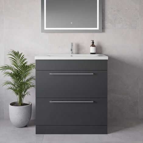 Napoli 460 Gloss Grey 800mm 2 Drawer Vanity Unit with Glide Basin - 800mm - Chrome 480mm Handle