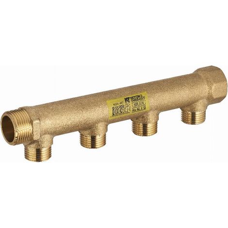 Noyon & Thiebault – Collecteur pour plancher chauffant 4 sorties mâles 1/2'' (15x21) – Entraxe 50 mm – Corps laiton 3/4' (20x27) – Installation en série