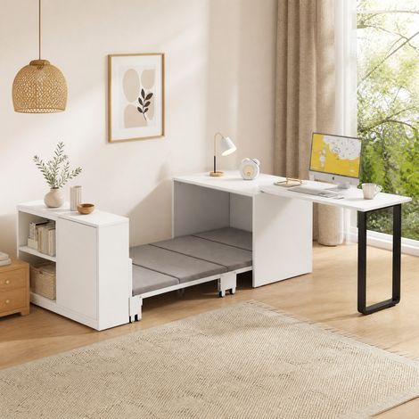 Cama escritorio convertible blanca de metal y PB 216x116x79 cm con ruedas y almacenaje (1/5)