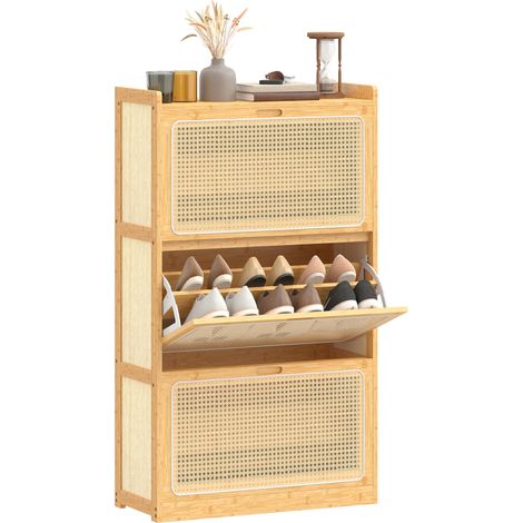 HOMCOM zapatero estrecho de bambú con 3 cajones abatibles de ratán, estantes ajustables, para 18-21 pares de zapatos, 69x29x119,8 cm, natural