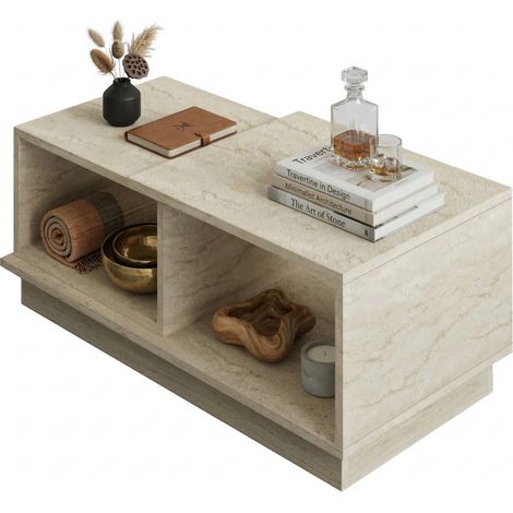 Tavolino da Salotto Morino, 2 Vani, Forma Rettangolare, Sfumatura Colore Ripiano Crema, 90x45x36h cm Beige Crema