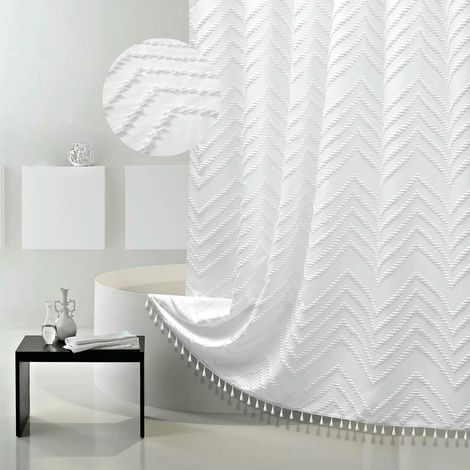 Langer Duschvorhang aus gewebtem Stoff im rustikalen Bohemian-Stil, weiß, 72" x 78", getuftetes Fischgrätenmuster, minimalistisch für Badezimmer mit