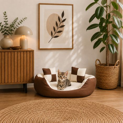 belviona Katzenkörbchen 4-in-1, wendbares Katzenbett mit niedrigem Einstieg, kratzfest & wasserabweisend, 65x50 cm, braun/beige (1/5)