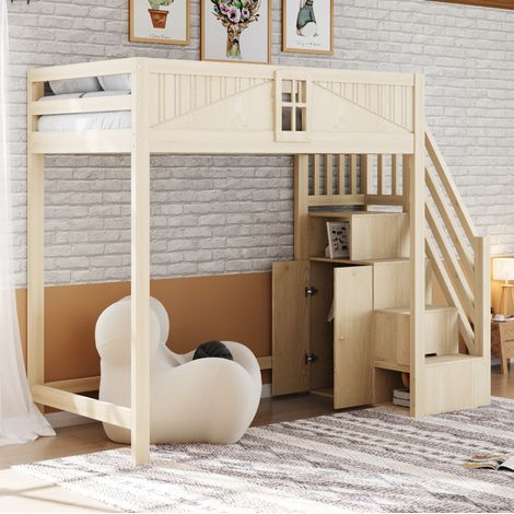letto salvaspazio 90x200 con scala e ripiani legno OKMYHOME (1/5)