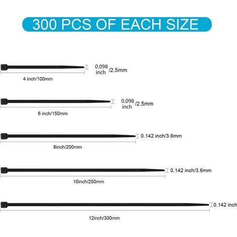 1500 Pièces Noir Collier de Serrage Plastique, Serflex Plastique Professionnelles, Rislan 100/150/200/250/300mm de Long Résistant aux UV, Pour Gérer les Différents Câbles, (1/5)