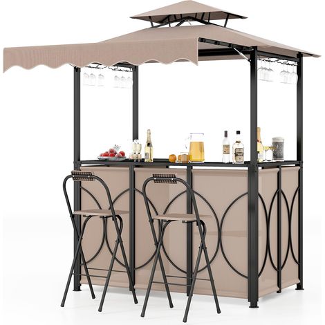 COSTWAY Gazebo per Barbecue, Pergola per BBQ con Tavolo Bar e 2 Sgabelli Bar Pieghevoli, Ripiani di Stoccaggio in Metallo, per Giardino e Cortile, 193 x 117 x 240 cm (Marrone) (1/5)