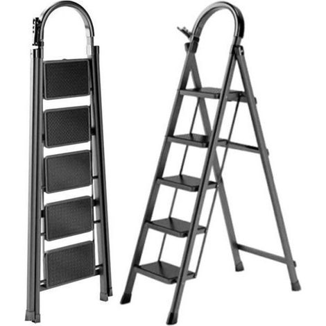 Escabeau pliant 5 marches en acier – Charge maximale 150 kg – Dimensions 74×47×139 cm – Antidérapant pour sécurité (1/5)