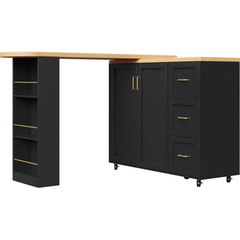 ELVMI Barwagen mit 2 Türen und 3 Schubladen Ausziehbar auf Rollen für Küche und Wohnzimmer 135-228×39×104 cm (1/5)