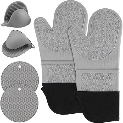 Set de 6 gants cuisine silicone, résistants à 230 °C, pour barbecue, pâtisserie, four, noirs (1/5)