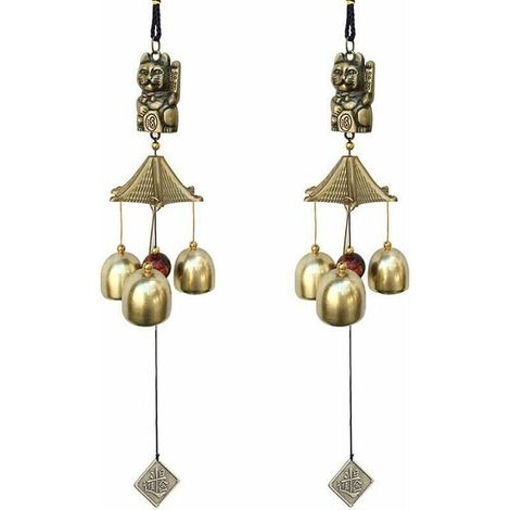Lot de 2 carillons éoliens porte-bonheur décoration vintage cloches porte-bonheur chat suspendu pour l'école, le dîner pub, la réception, le jardin, marron, 9 x 6 x 6 (1/4)