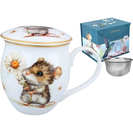Tazza a forma di barile in porcellana con coperchio a forma di topo. Nel giardino del caffè e del tè. (1/5)