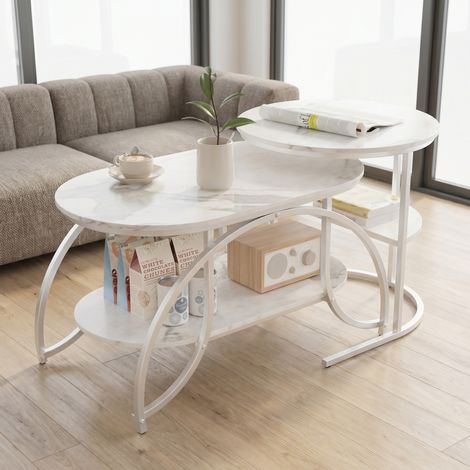 Couchtisch-Set 100 x 46 x 51 cm mit weißer Marmoroptik und weißen Beinen, moderner Beistelltisch für Wohnzimmer