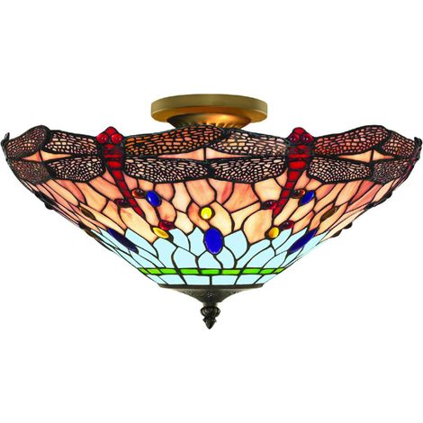 Searchlight Dragonfly - 3 Light Semi Flush Deckenleuchte Antik Messing, Tiffany Glas, Rot, Blau, E14