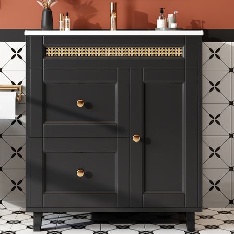 Meuble-lavabo de salle de bains à poser, 76 x 46 x 86,5 cm, portes d'armoire avec système de fermeture en douceur, poignées dorées et ornements en rotin, vasque en céramique, noir