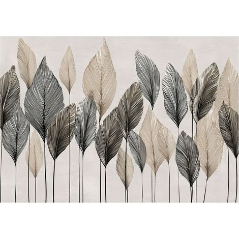 Papier peint mural feuilles abstrait beige boho intissé grand format design intérieur salon chambre pas cher 350x250 cm (1/5)