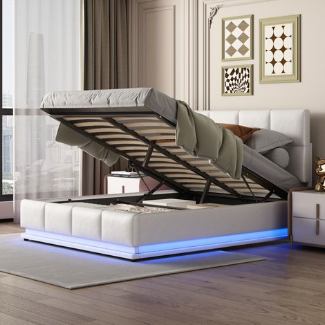 Letto contenitore per adulti 140x200 cm, letto matrimoniale, idraulico, rete a doghe imbottita, illuminazione LED, materasso non incluso, PU, ​​bianco