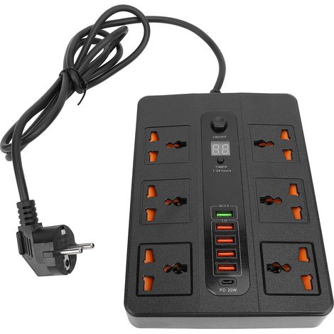 Multiprise 3000W, 6 prises ca, 5 Ports USB et PD20W QC3.0, Port de charge rapide, minuterie, extension de prise avec écran d'affichage