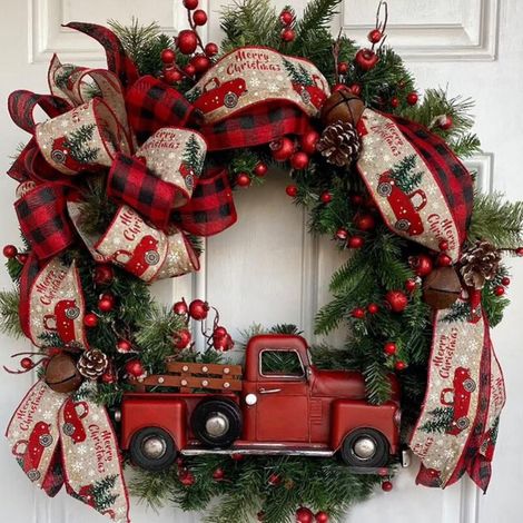 Roue De Camion Rouge - Guirlande De Noël En Bois Et Juniper - Pour Porte D'Entrée Ou Intérieur - 40 Cm (1/5)
