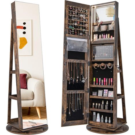 GOPLUS Armoire à Bijoux avec Miroir Pleine Longueur Rotative à 360° Avec Lumière Led 3 Couleurs-Miroir de Maquillage Intérieur Café (1/5)