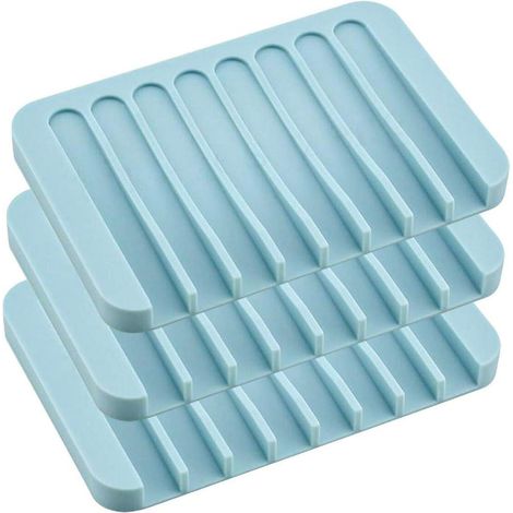 Ensemble de 3 porte-savons en silicone avec effet cascade pour salle de bain et cuisine (bleu) (1/5)