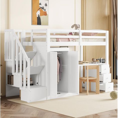 Cama alta de madera de pino y MDF blanca 90x200 cm con somier, escritorio, armario, cajones y escalera con almacenaje (1/5)