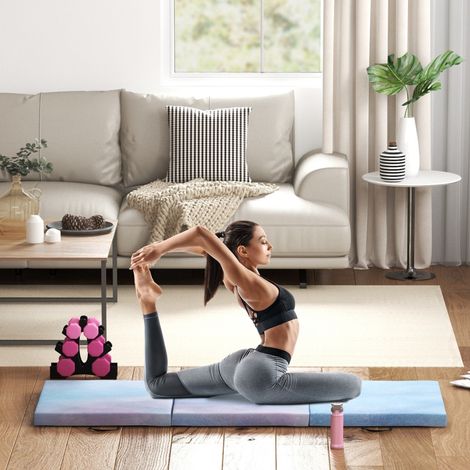 Tapis de Gymnastique Pliable Poignée, Yoga Fitness, Antidérapant, 180x60x5 cm, Bleu (1/5)