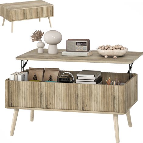 Table basse relevable avec compartiments de rangement dissimulés et pieds en pin pour salon/salle à manger, 91 x 56 x 43 cm, chêne (1/5)