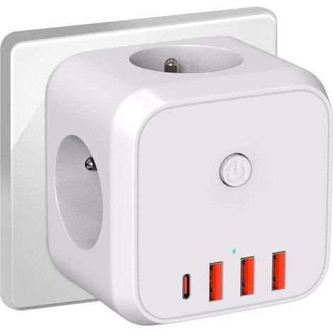 Multiprise Cube Murale, 7 en 1 Chargeur USB Prise avec 3 Sortie AC, 4000W Multiprise électrique avec Interrupteur, Idéal pour Salon Bureau Chambre (1/5)