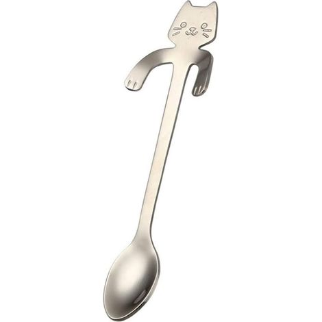 Cuillère en acier inoxydable chat cartoon manche long pour dessert café couverts cuisine accessoire argent (1/5)