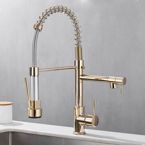Robinet de cuisine extractible avec 2 jets, mitigeur pivotant à 360° avec 2 modes de jet (chaud et froid), disponible en or (1/5)