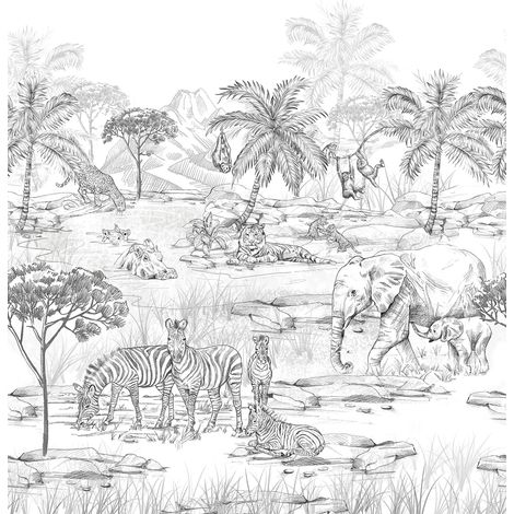 papier peint panoramique animaux de la jungle noir et blanc  - ESTAhome (1/5)