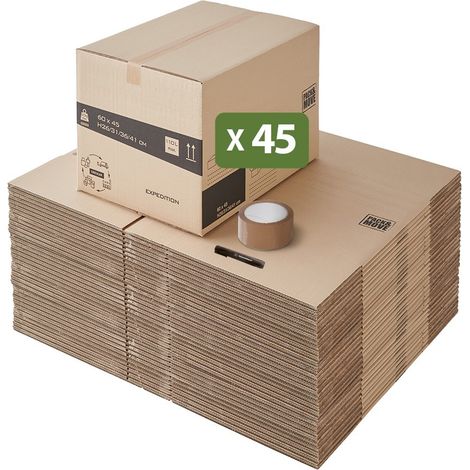 Pack and Move - Lot 45 cartons déménagement hauteur modubale variable, personnalisable - 60 x 45 x 31-41 cm - Poignées renforcées - 1 adhésif offert