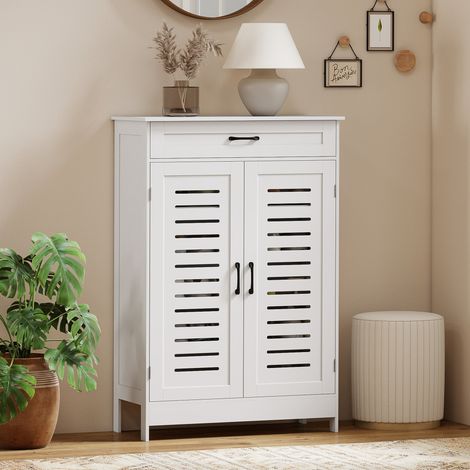 Zapatero con capacidad para 20 pares, armario para zapatos con 2 puertas de lamas, cajón y estantes ajustables, color blanco.