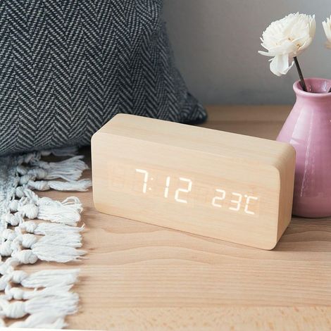 Réveil Bois LED - Horloge Digitale Aspect Bois - Réveil Matin Tactile avec Fonction Date Heure Température - Rectangle Beige et LED Blanc (1/4)