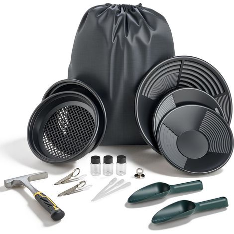 19-teiliges tragbares Goldwaschset mit 254-mm- und 355-mm-Pfannen, Klassiersieben, Sandmagnet, Geologenhammer, Schaufeln, Rucksack und Zubehör für die Goldsuche im Freien (1/5)