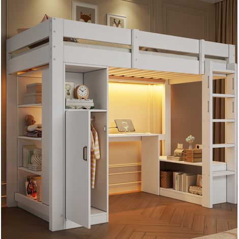 Letto a soppalco 90x200 con scrivania, armadio, ripiani, LED e USB bianco DESVIAE (1/5)