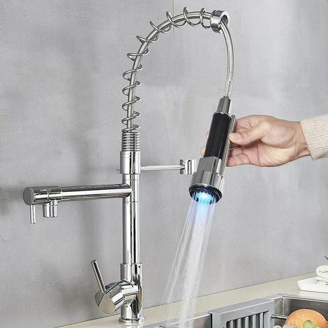 LED Kitchen Sink Mixer Tap black, Spray 360 Degree Rotation Spout, with 3 Colour Temperature Display, Black Hose Single Handle Cold and Hot Water Brass Tap (1/5)