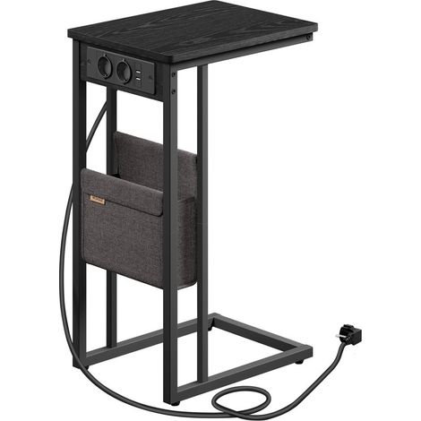 Table d’Appoint, Table de Chevet avec Multiprise, Bout de Canapé en Forme de C, pour Petits Espaces, 2 Ports USB et Prises, Sac, Pieds Réglables, pour Chambre, Salon, Noir Boisé (1/5)