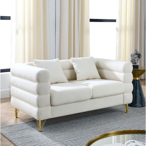 MODFU – Sofá con forma de nube de 2 o 3 plazas de tejido teddy con respaldo y reposabrazos ondulados superpuestos, asiento de espuma y muelles, patas de metal dorado – Blanco teddy (1/5)