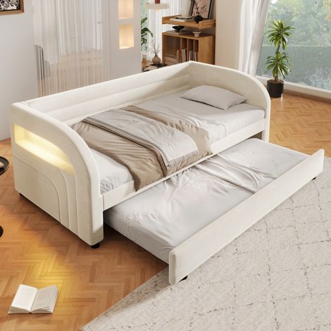 Lit enfant 90x200 cm avec lit gigogne et LED, pour chambre d'enfant ou d'amis, structure stable, flanelle - beige (1/5)