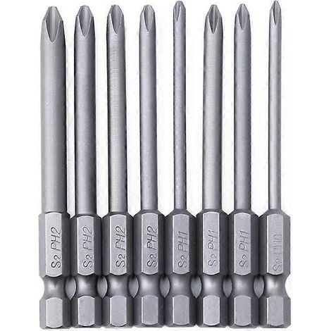 Jeu de 8 embouts magnétiques en acier allié pour tournevis cruciformes de 75 mm de diamètre et 6,35 m de longueur. (1/5)