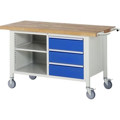 Werkbank B1500xT700xH880mm Buche massiv lichtgrau enzianblau 3 Schubl.fahrbar (1/4)