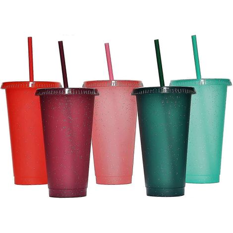 Gobelet isotherme avec paille et couvercle, bouteille d'eau, mug de voyage pour café glacé, gobelets en plastique réutilisables, parfaits pour les fêtes et les anniversaires, lot de 5 (710 ml). (1/5)