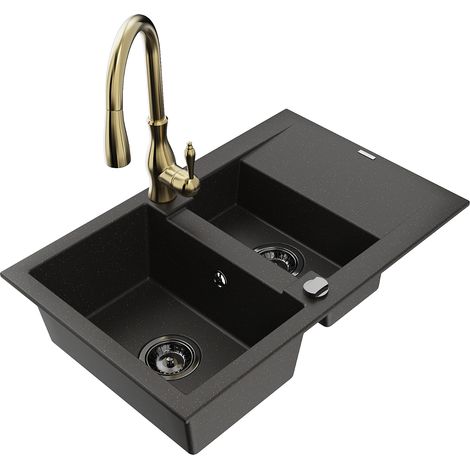 Mexen Gaspar fregadero de granito de 1,5 senos con escurridor y grifo de cocina Savita, negro/dorado - 6507-75-672601-50-B