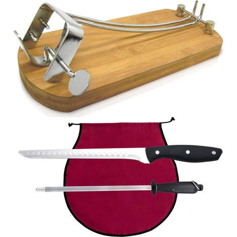 set support jambon pliable acier et bambou couteau à jambon aiguiseur et housse jambon bordeaux pour couper le jambon (1/5)