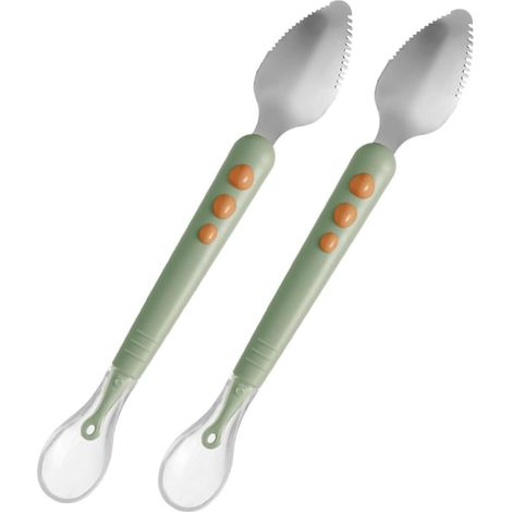 Lot de 2 cuillères souples double face en silicone doux avec poignées ergonomiques, adaptées aux garçons et aux filles, en polypropylène (PP), avec un design lisse pour faciliter l'alimentation.