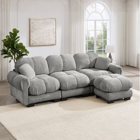 Sofá esquinero 260x149x90 cm de chenilla gris claro con otomana móvil - MEUBLIV (1/5)