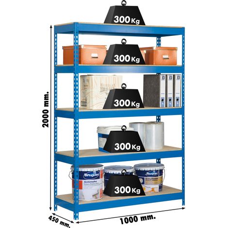 Estantería metálica sin tornillos SIMONRACK de 5 estantes (200x100x45cm) AZUL Y MADERA (1/5)