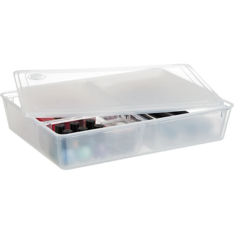 Relaxdays Aufbewahrungsbox mit Deckel, HBT 7 x 32 x 24,5 cm, 3 Fächer, Organizer Büro, Kosmetik, Kunststoff, transparent (1/5)