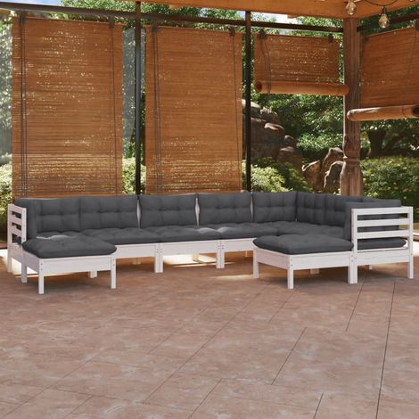 Salon de jardin 9 pcs Ensemble Table et Chaise de Jardin - avec coussins Blanc Bois de pin solide BV235034 - BonneVie (1/5)